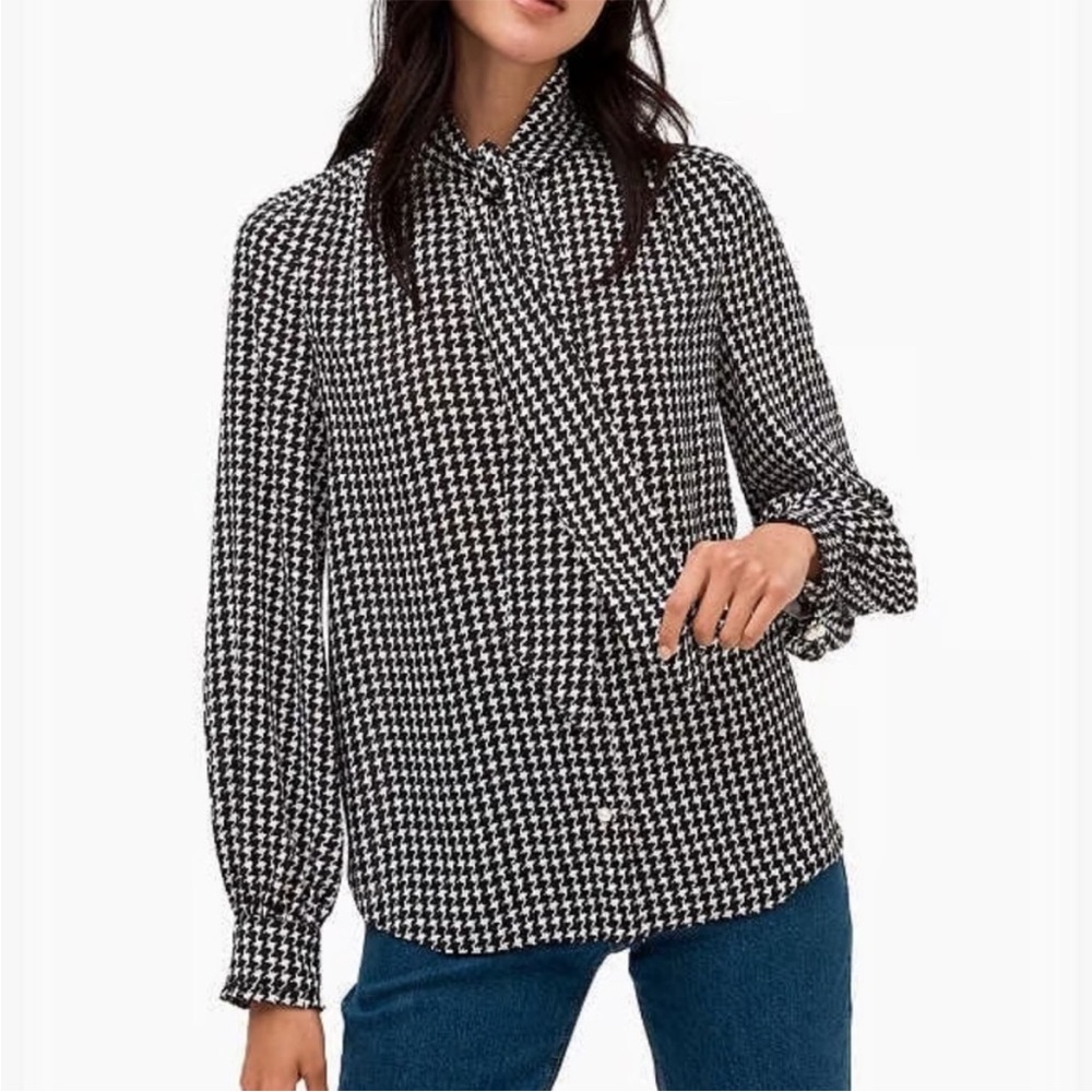 Kate Spade Houndstooth Tie Neck Blouse - Small